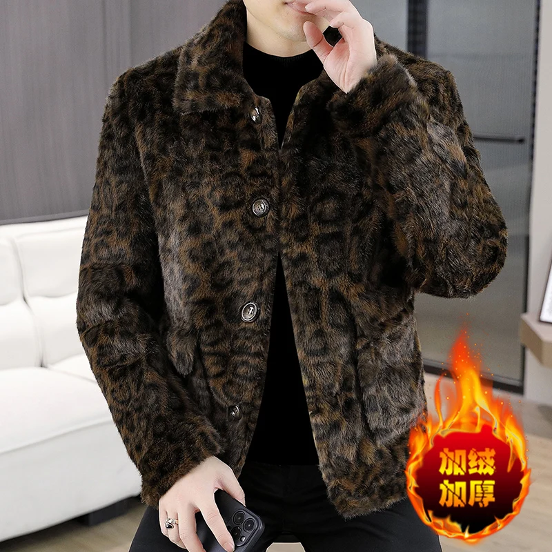 2025 Winter Leopard Print Faux Mink Fur Jacket for Men Fashion Thickened Fur Warm Faux Fur Coat Casual Social Streetwear Jackets