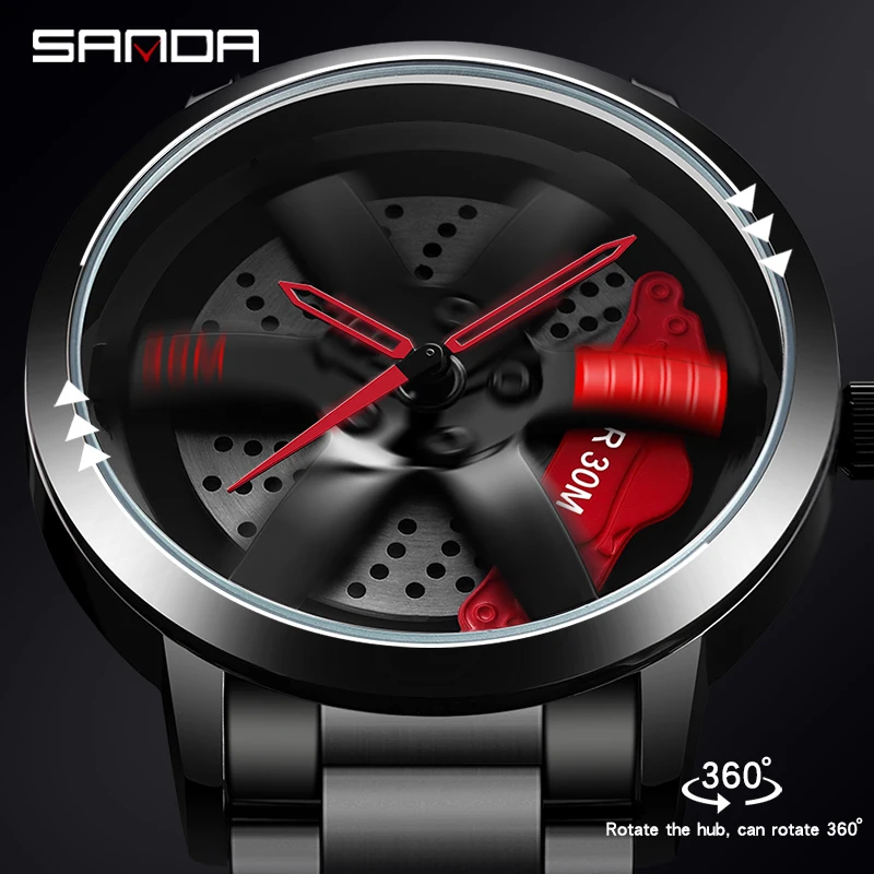 SANDA 1075 Men Fashion Car Wristwatch 360 Degree Rotating Wheel Rim Dial Watches Stainless Leather Waterproof Sport Quartz Clock