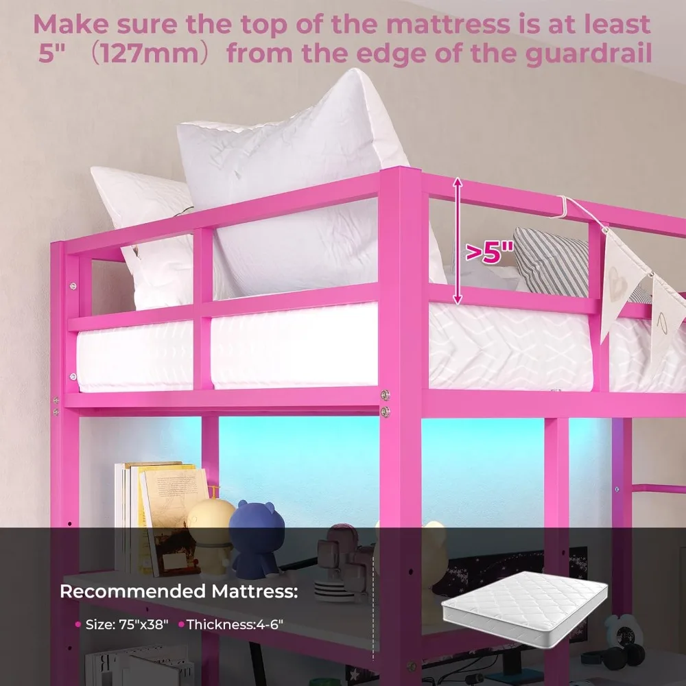 Pink Twin Loft Bed with L-Shaped Desk, LED Lights, Charging Station & Storage Shelves