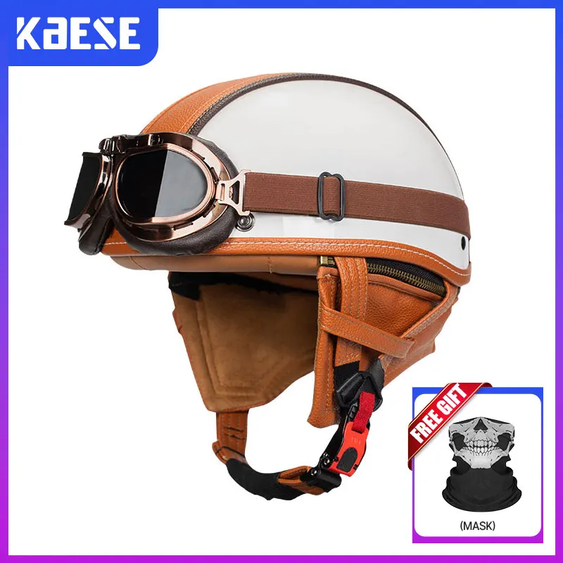 Retro Half Face Motorcycle Helmets Vintage Low Profile Open Face Helmet Leather DOT Approved Men Women Motorbike Scooter Helm