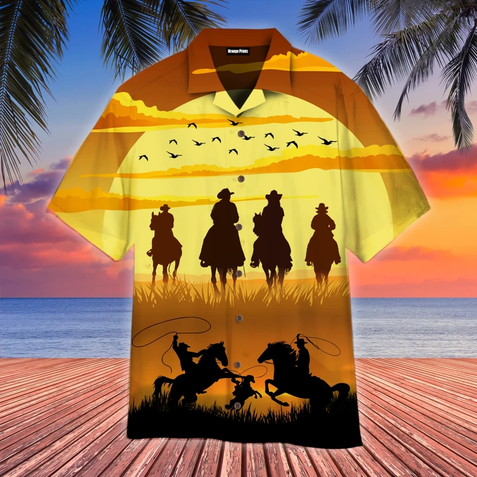 

New Hawaiian Men's Shirts Cowboy Sunset Clothing Horse Riding Cool Casual Hawaii Style Summer Button Up Tops