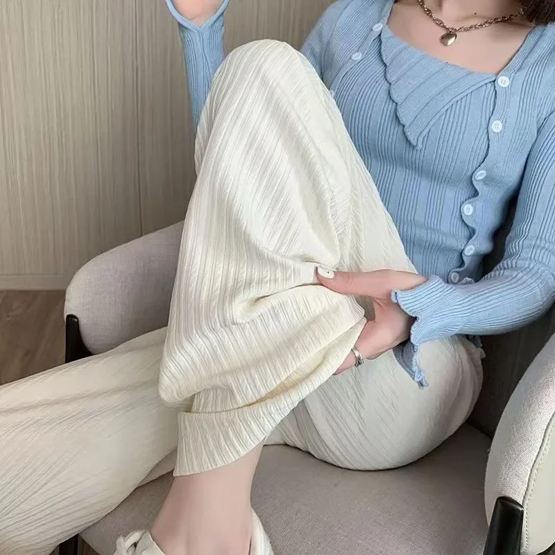 Lightweight Ice Silk Wide Leg Pants 2026 Spring Summer for Women Korean Thin Chiffon High Waist Loose Straight Casual Trousers