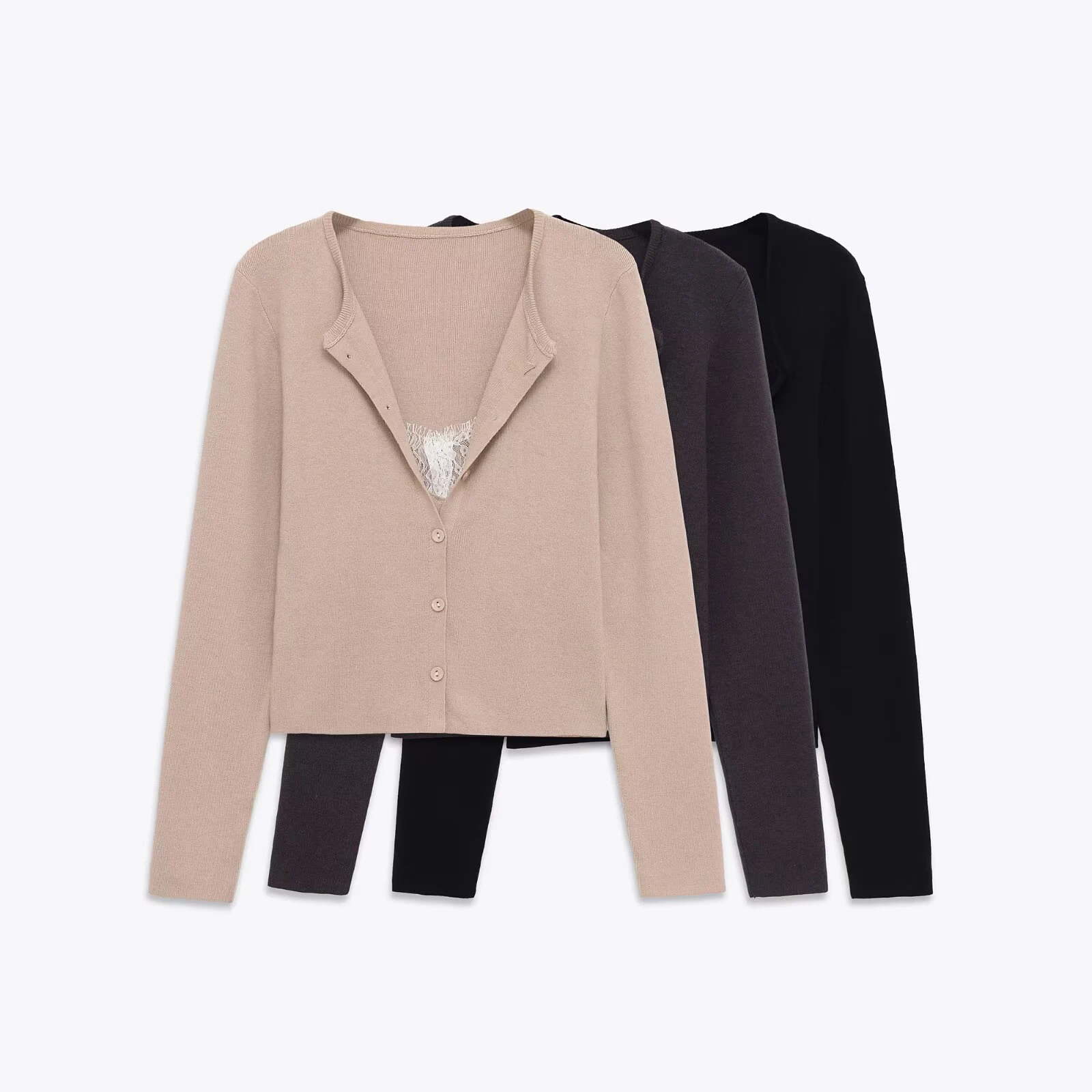 2025, herbst frauen würzigen stil slim fit spitze patchwork einreiher dünne langärmelige gestrickte top