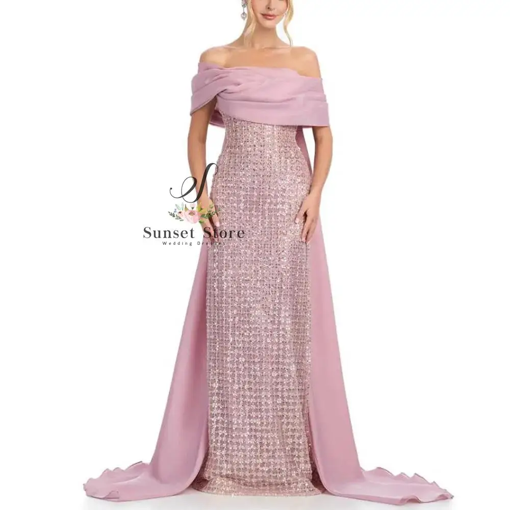 ชุดราตรีสั่งตัดแบบเปิดไหล่ พร้อมชายกระโปรงยาว สำหรับโอกาสพิเศษ ผู้หญิง ทรงเมอร์เมดจีบระบาย สไตล์อาหรับ ดูไบ
