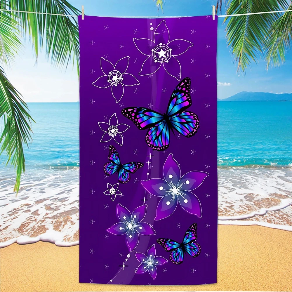 Dark Purple Line Floral Color Butterfly Print Beach Towel,sand blocking for summer festivals,coastal camping & garden relax
