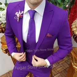 New Purple Elegant Suit for Men Slim Fit Peak Lapel Groom Formal Tuxedos Party 3 Pieces Set Fashion Male Blazer Trajes De Hombre