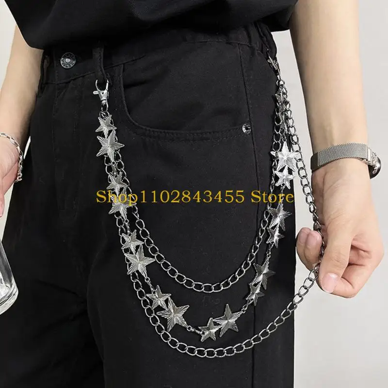 49MC Metal Trouser Chain with Multi-Layer Star Accents and Clasp Fasteners for Decorative Clothing or Bag Hardware Styling