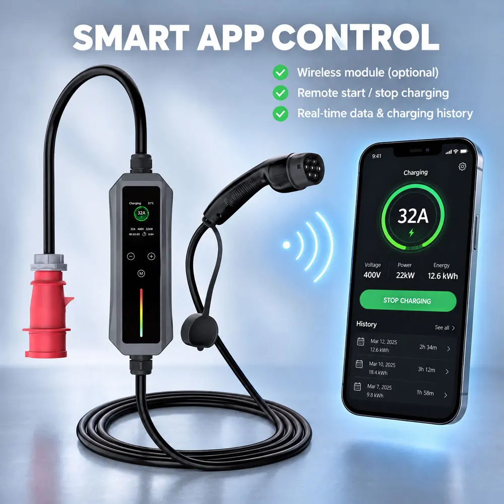 EVMBO Type 2 Portable EV Charger 22KW 32A 3Phase Wallbox EVSE Fast Charging Cable CEE Plug APP Bluetooth Control
