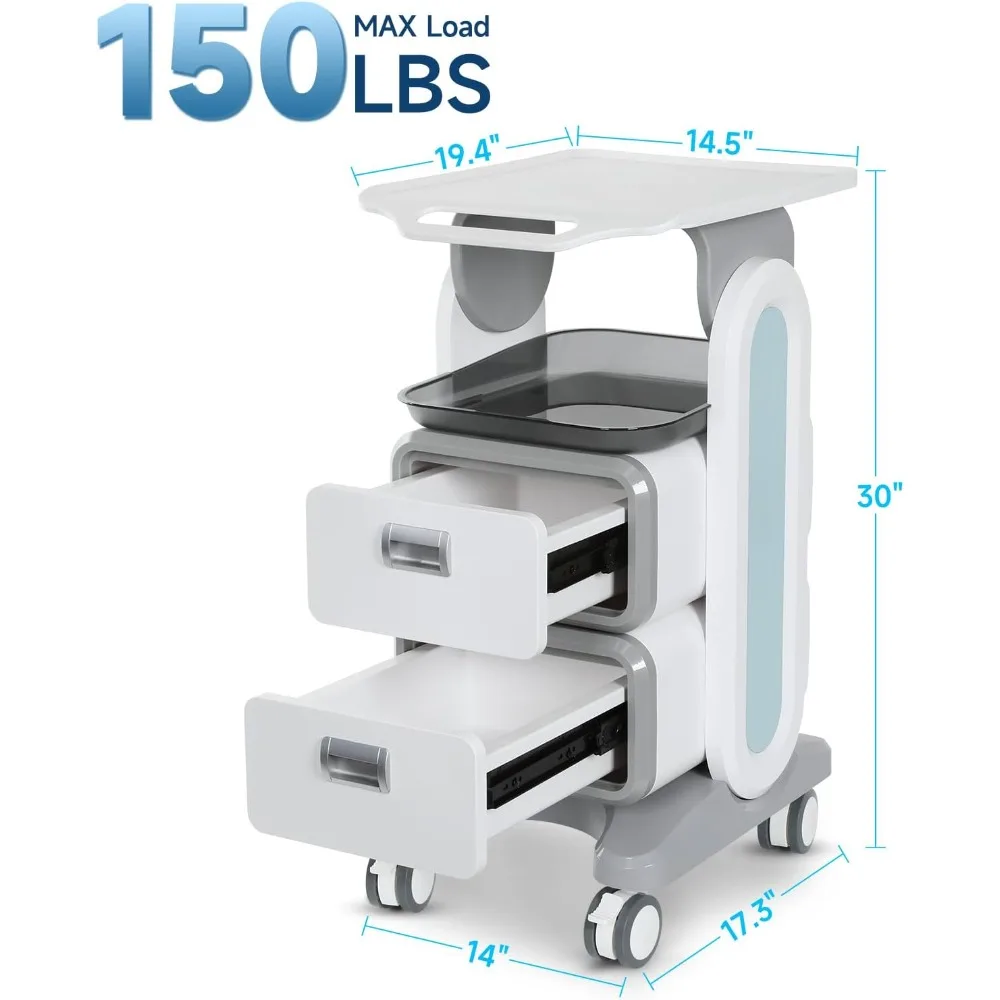 عربة ترولي مع درجين، عربة دوارة بالموجات فوق الصوتية المتنقلة مع عجلات وصواني، عربة تخزين أدوات تحميل 150 رطلاً