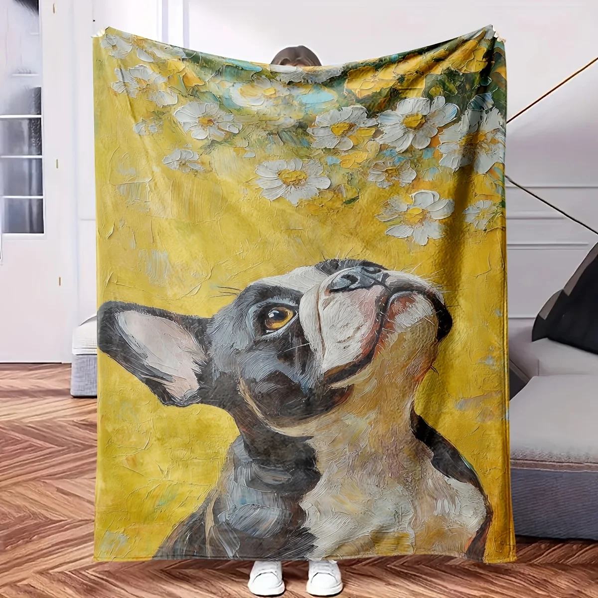 Large Dog Portrait Floral Blanket Throw Yellow Pet Art Home Decor 150x230cm  Blanket