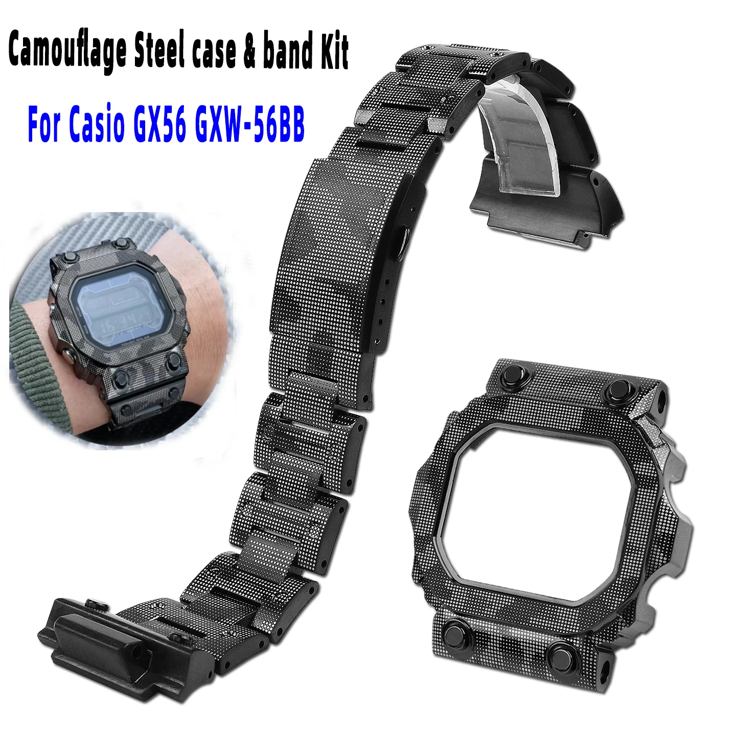 

Комплект для модификации Casio GX-56BB/GXW-56BB: камуфляжный корпус и ремешок из нержавеющей стали, металлический безель и ремешок с аксессуарами для переоборудования, в комплекте с инструментом.
