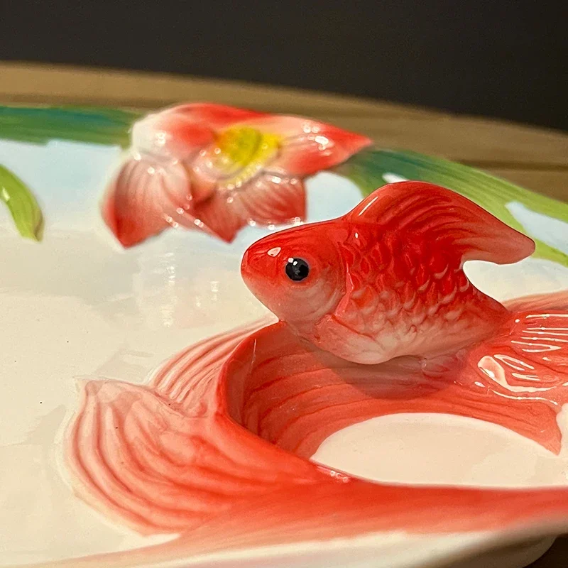 Chinese style Ceramic Fish Dumpling Plates, Dessert Noodle Dinner Plate Creative Home Restaurant Kitchen Supplies Tableware, 1Pc