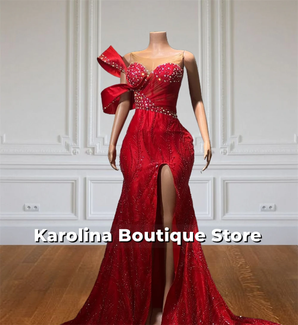 Abiti da sera Aso Ebi con spacco alto rosso vivido Perline Sirena di cristallo Festa di Natale africana Abito di lusso Donna 2025 Personalizzato