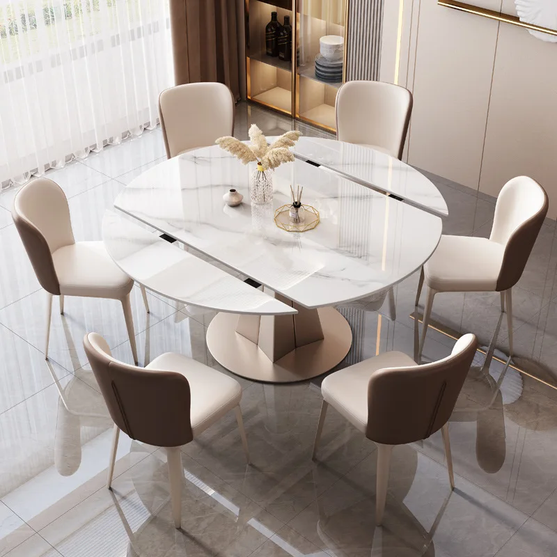 Light luxury rock slab dining table and chair combination Modern simple small apartment dining table rotatable retractable