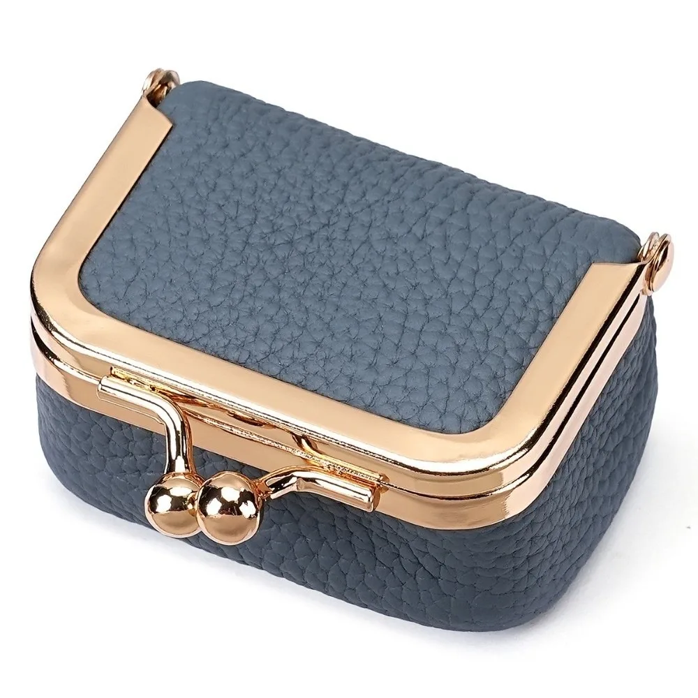 

Soft Genuine Leather Kiss Lock Coin Purse Solid Color Multifunctional Leather Jewelry Bag Mini Square Small Item Bag Storage