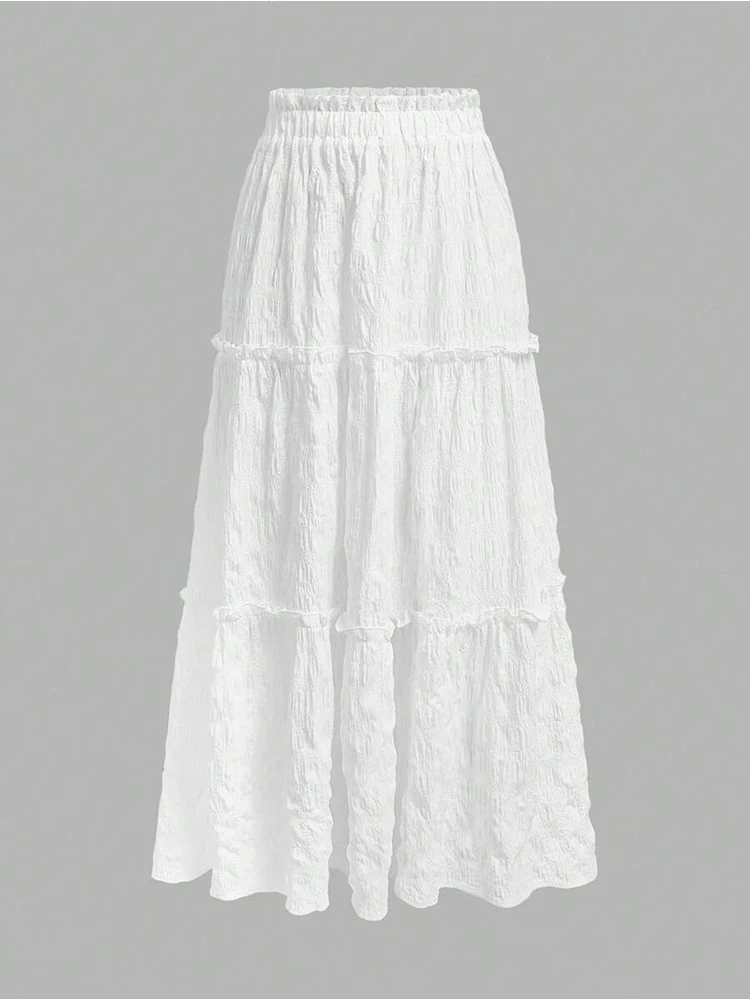 Women's White Textured Tiered Maxi Skirt, Elastic Waist, Ruffled Layers, Flowy A - Line Skirt for Casual & Beach
