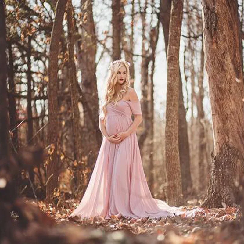 Chiffon Maternity Photo Dress Maternity Gown for Baby Shower Off Shoulders Maternity Photography Props Long Tail