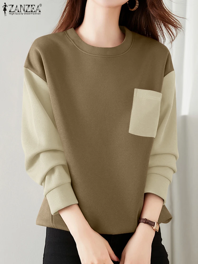 ZANZEA 2024 Fall Korean Fashion Pullovers Loose Casual Women Drop-shoulder Color Block Patchwork Sweatshirts Long Sleeve Hoodies