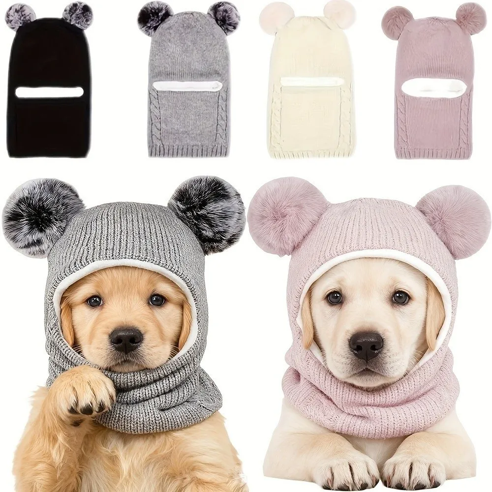 

Cute Pet Knitted Warm Hat Noise Reduction Solid Color Dog Ear Muffs Handmade Comfortable Soothing Head Covers Photography