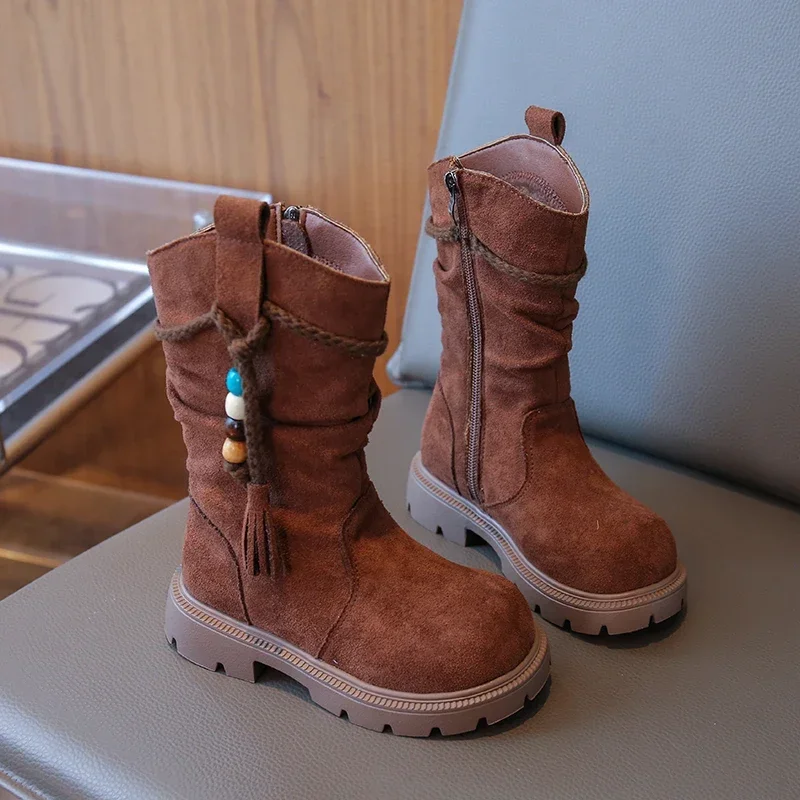 Little Girls Western‑Style Mid‑Calf Boots, Faux Suede Ruched Shaft Bead Tassel Inner Zipper Thick‑Sole Casual Boots