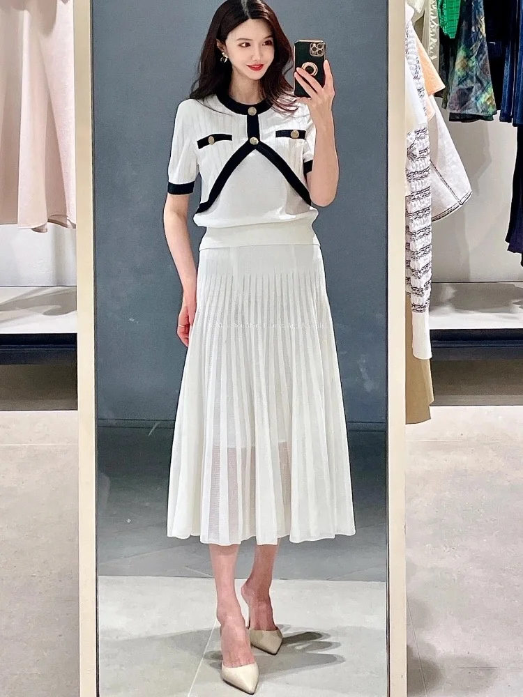 

Spring 2026 New Korean Style Fashionable Elegant Versatile Short Sleeve Knitted Top High Waist Knitted Umbrella Skirt Set for...
