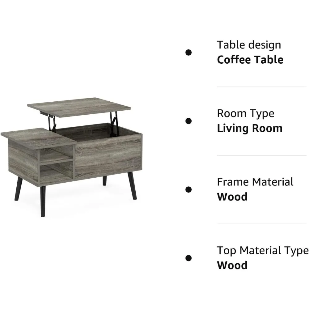 Mesa de centro con patas de madera para sala de estar, con compartimento oculto y estante de almacenamiento abierto lateral, roble francés gris