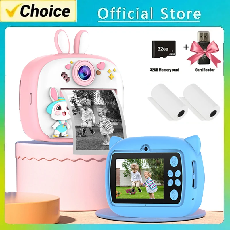 Children Digital Camera Instant Print for Kids Thermal Print Rabbit Camera Instant Photo Printing Camera Video Toys+32G Memory C