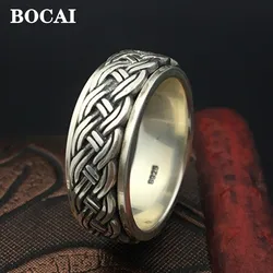BOCAI New Real S925 Sterling Silver Jewelry Fashion Retro Thai Man Ring Hemp Rope Simple Rotating Turn to Good Luck