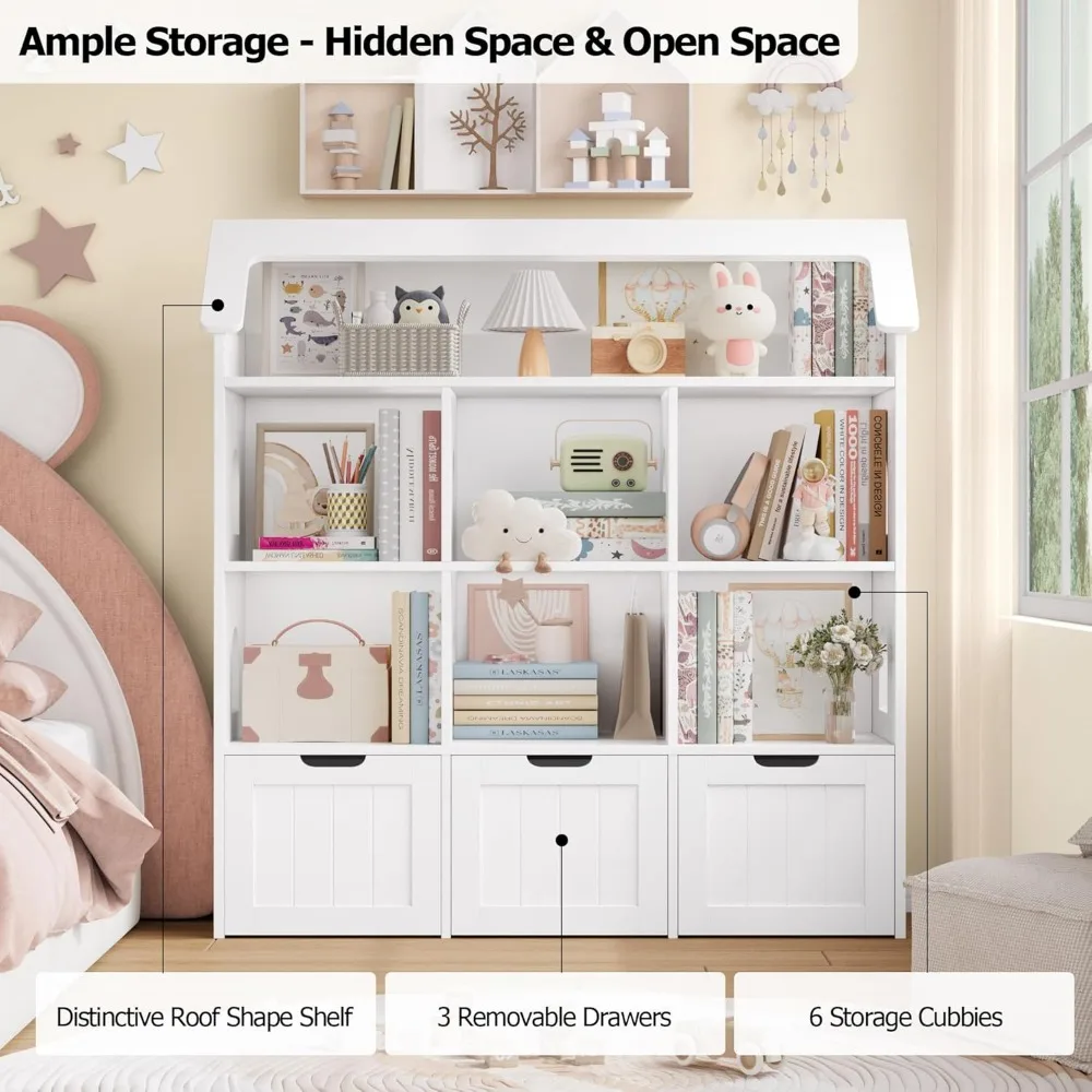 47.2'' Storage Organizer, Toy Organizers and Storage with 3 Movable Drawers and 6 Storage Cubbies, Kids Bookshelf Playroom