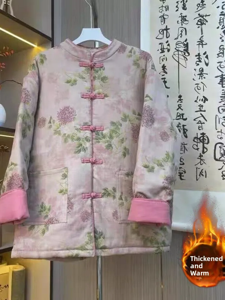 

Floral Print Cotton Jaet Women's Autumn Winter Thiened Warm Stand Collar T Coat f High Collar Single Button Closure