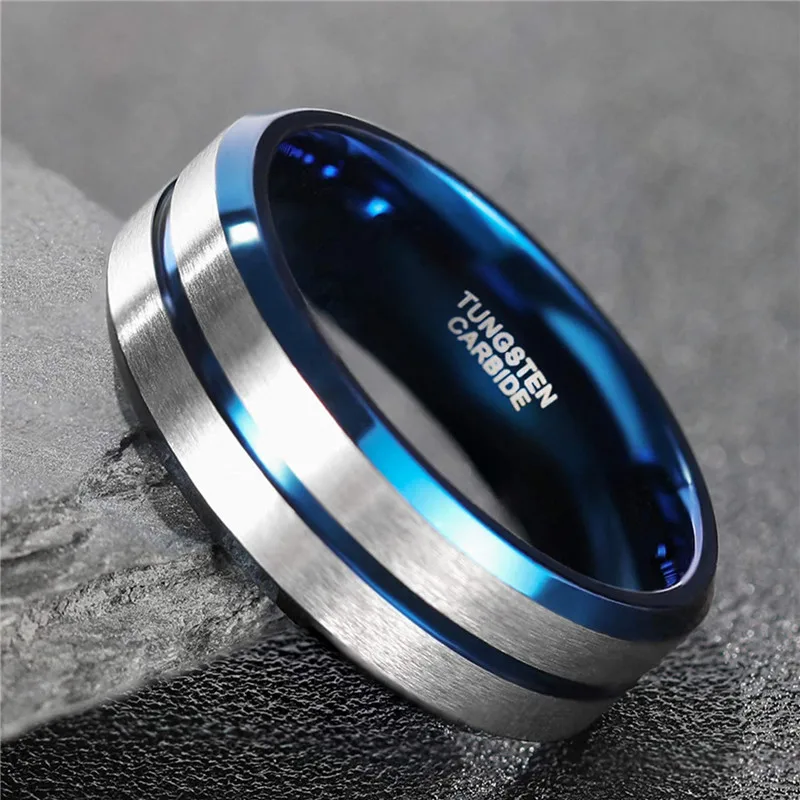 Somen Trendy 8MM Blue/Gold Line With Silver Brushed Men Tungsten Carbide Ring Europe Style Wedding Bands Party Rings Jewelry