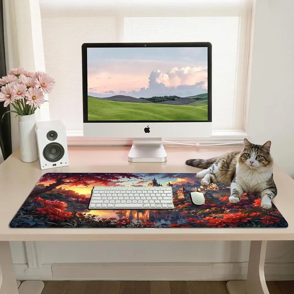 Fantasy Gothic Castle River Sunset Reflection Red Autumn Flowers Large Gaming Mouse Pad Medieval Landscape escritorio accesorios