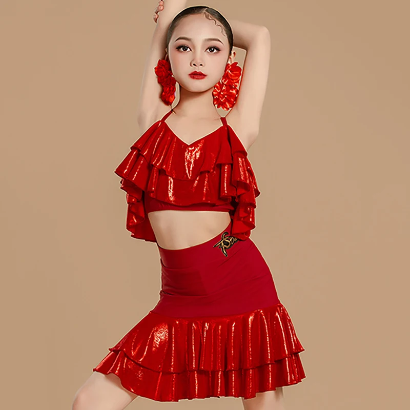 

Lycra Dancewear Kids Girls Latin Dance Costume Red Glossy Ruffles Sleeveless Top and Skirt Set Dancing Performance Costume