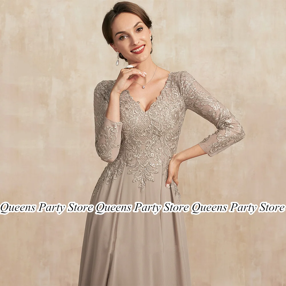 Champagne Wedding Guest Dresses Customized V Neck Sequined Applique Chiffon Summer Mother of The Bride Dress Party Gown