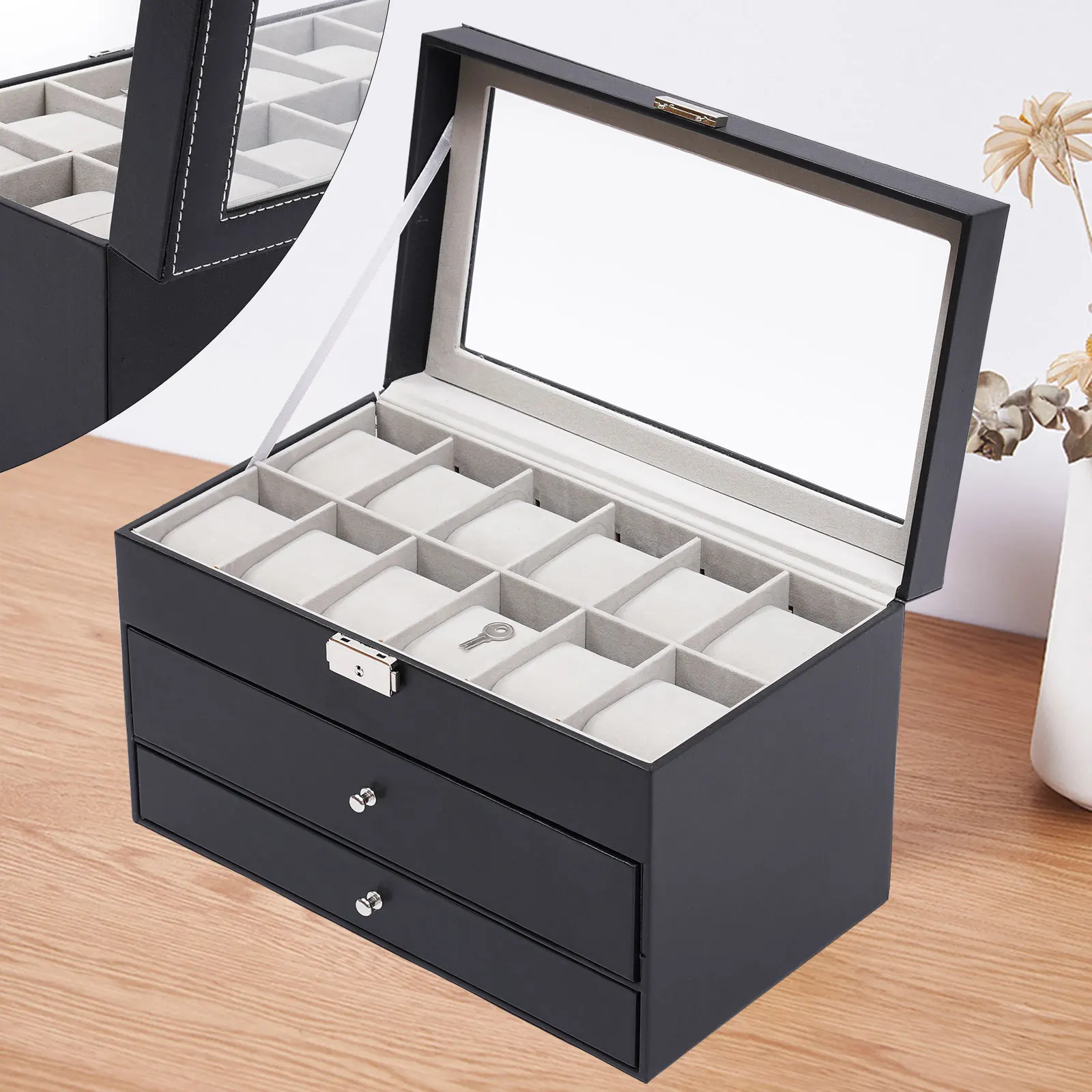 3 Layer Black Leather Watch and Eyeglasses&Sunglasses Box with Jewelry Display Drawer Metal Buckle Case Organizer