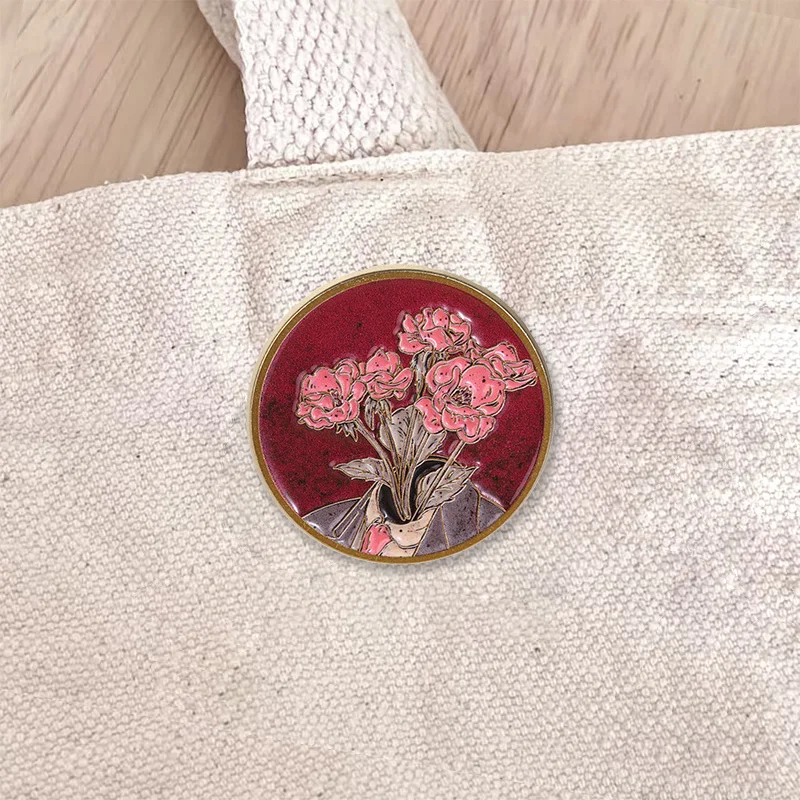 Vintage Dark Red Background Pink Roses Vase Enamel Badge Niche Aesthetic Floral Alloy Pin Brooch Jewelry Gifts