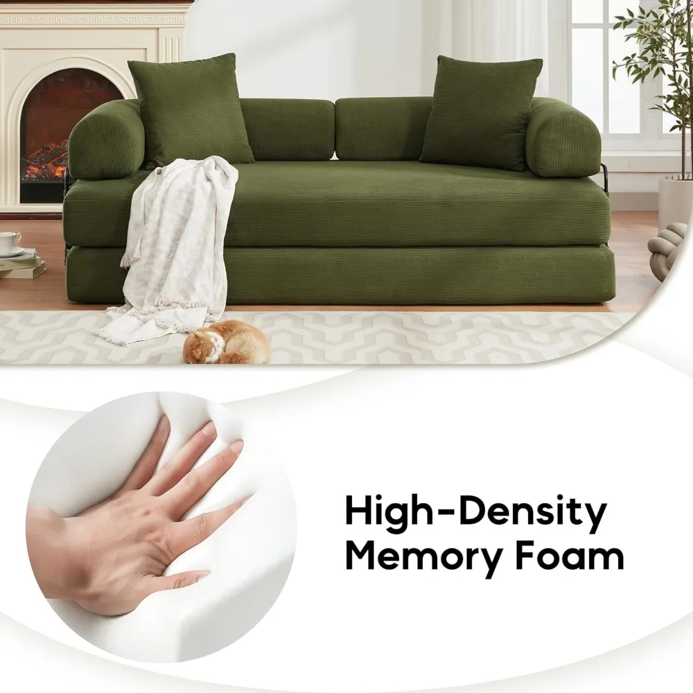 Convertible Sleeper Sofa Bed with Cylindrical Pillow, Corduroy Folding Mattress Couch，Fixed-Shape Frame, Floor Sofa Lounge Couch image 4