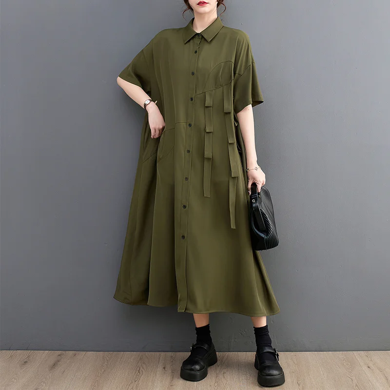 #0171 Black Green Long Shirt Dress Women Ribbons Loose Midi Dress Female Short Sleeve Loose Irregular Front Button Shirt Dress