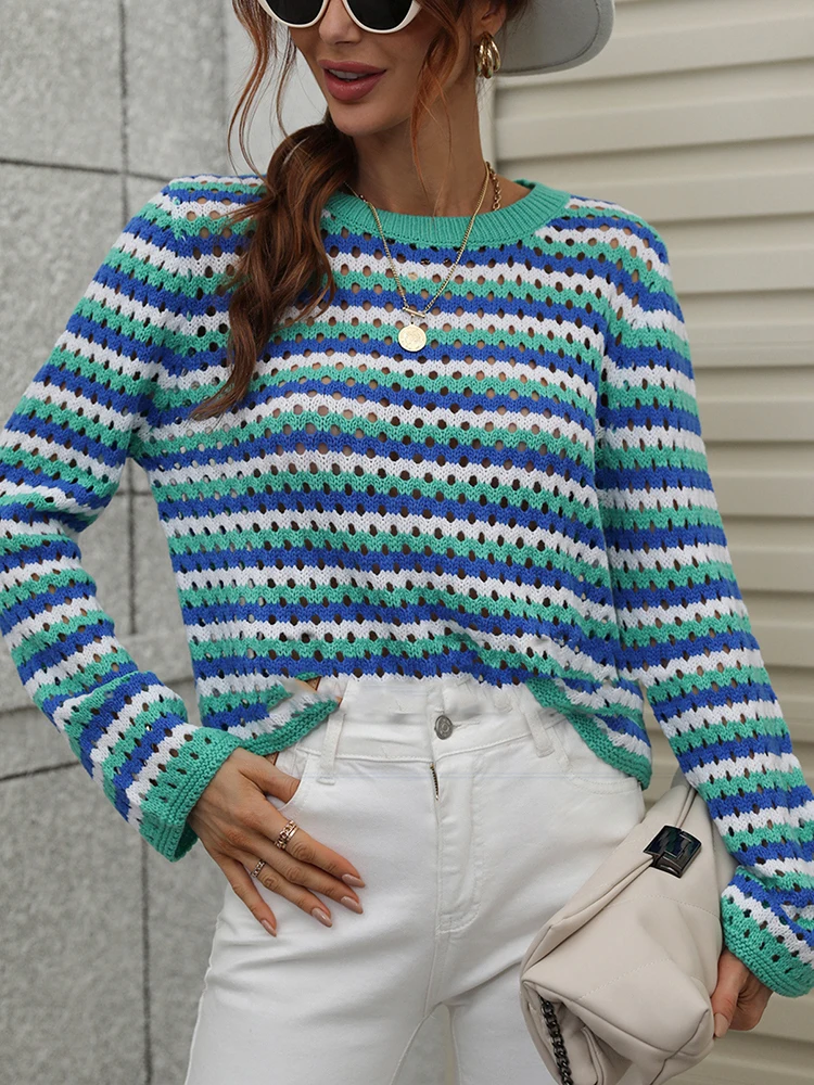 

2022 Pullover Woman Striped Sweater Vintage Knitted Korean Crewneck Splicing Pastel Jumper Long Sleeve Patchwork Hollow Out