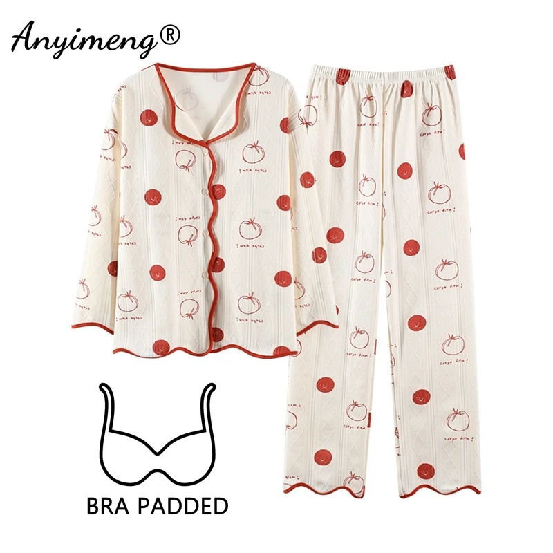 Nuevo Otoño Invierno lindo pijama con estampado de conejo con almohadillas para sujetador cárdigan de manga larga ropa de dormir con solapa suave mujer pijamas de algodón sintético