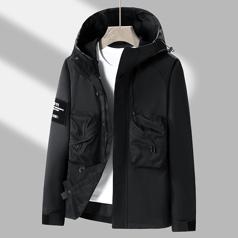

Мужские удобные куртки с капюшоном в уличном стиле, черное армейское зеленое базовое пальто с двумя большими передними карманами, осенне-весенняя основная коллекция
