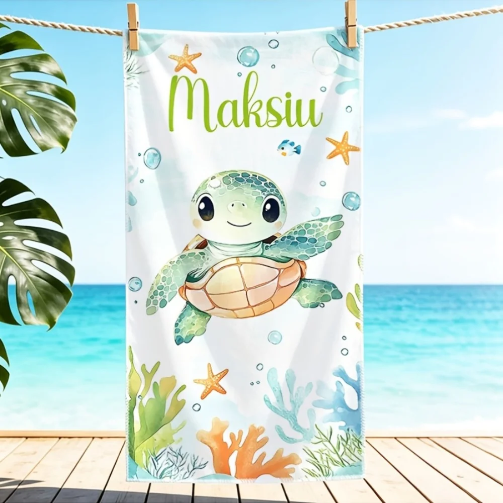 1Pc Personalized Custom Name Turtle Pattern Beach Towel, Soft Microfiber Beach Towels for Beach Swimming Yoga Bath Sports