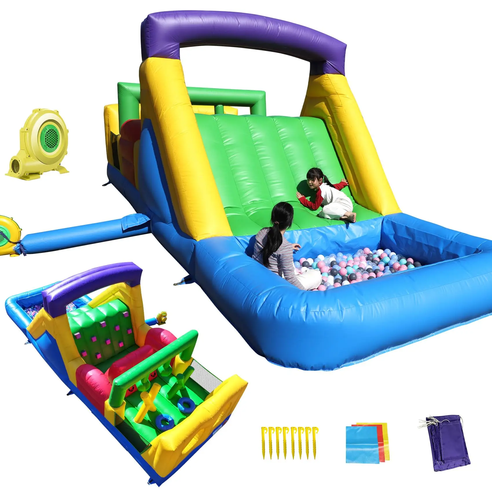 Commercial Bounce House Inflatable Obstacle Course Water Slide Dual Tunnel, Climbing, Splash Water Pool Outdoor Party 22x8x8.2FT