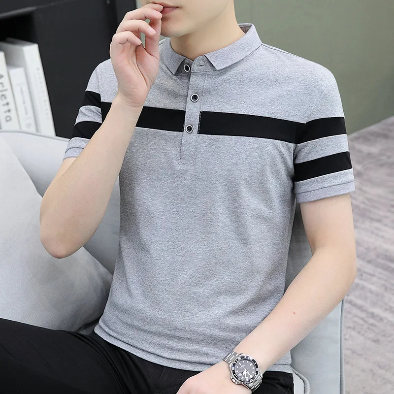 Summer Men's Lapel Short sleeve T-shirt Fashion Business Casual Slim Fit Half Sleeve Striped Polo Shirt