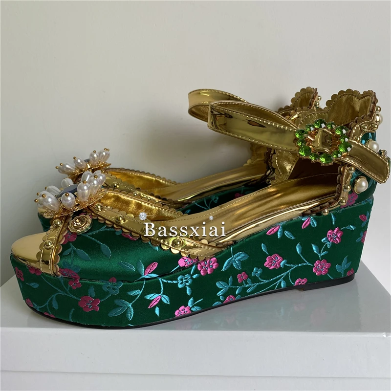 Luxury Embroidery Satin Wedges Sandals Women Rivet Pearl Crystal Buckle Decor High Platform Party Shoes Summer