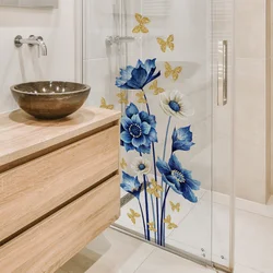 Creative Blue butterfly flower bathroom stickers Living room bedroom bathroom Home decoration Self-adhesive wall stickers