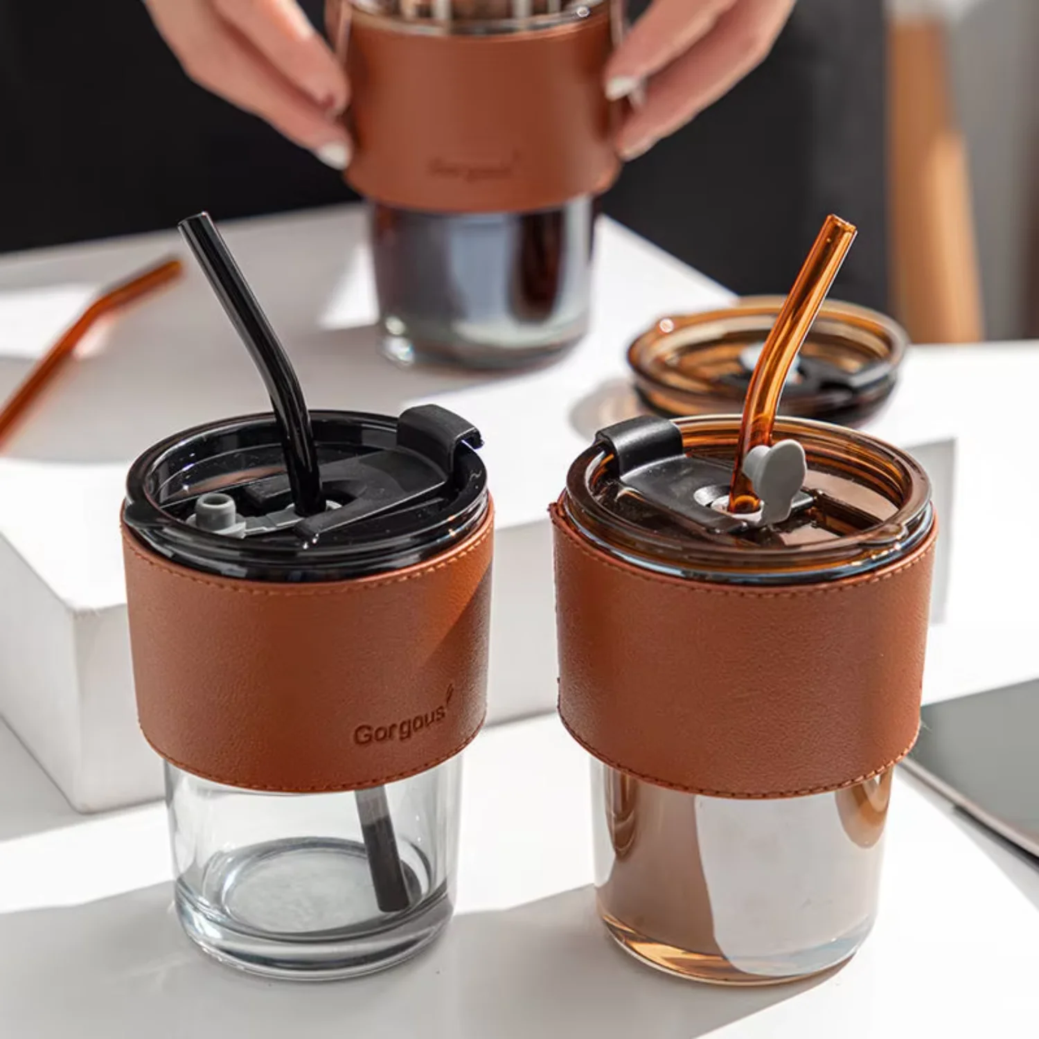 Reusable milk tea cup Coffee Glass Cup glass cup with lid and straw