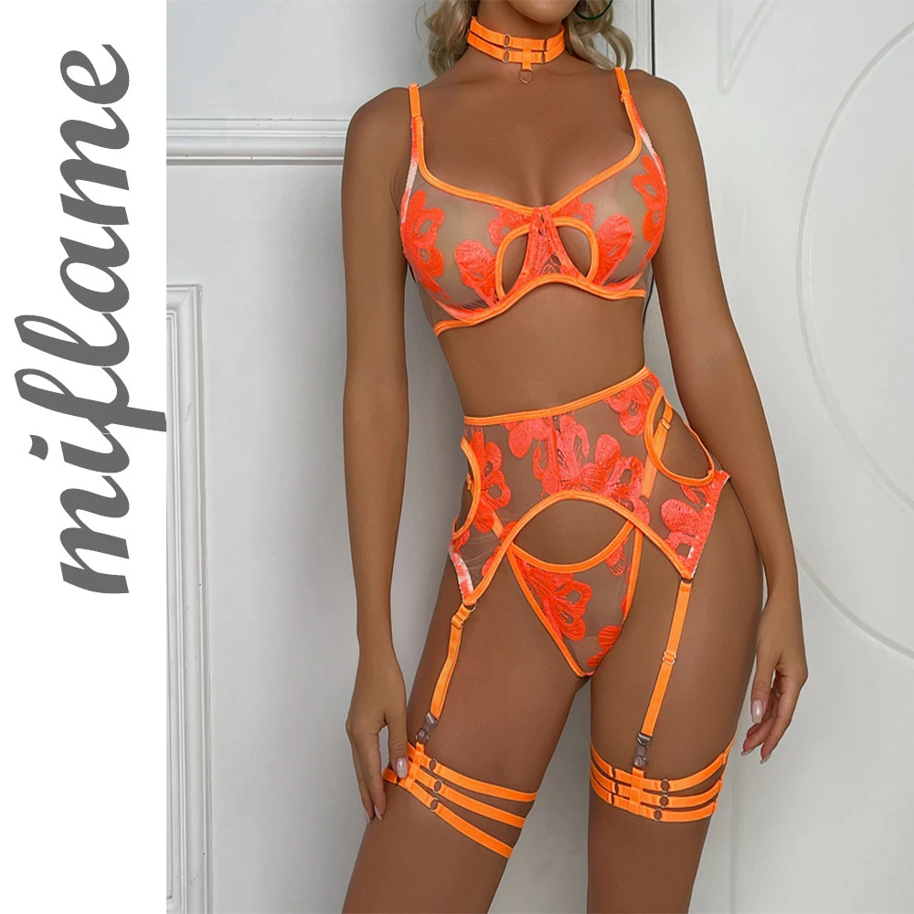 Embroidered sexy underwear fluorescent orange cut-out fun underwear garter set