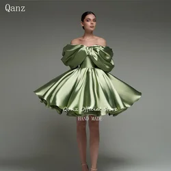 Qanz Off The Shoulder Green Prom Dresses Short Party Dresses Satin Abendkleider Dubai Luxury Cocktail Dresses 2024 Customized