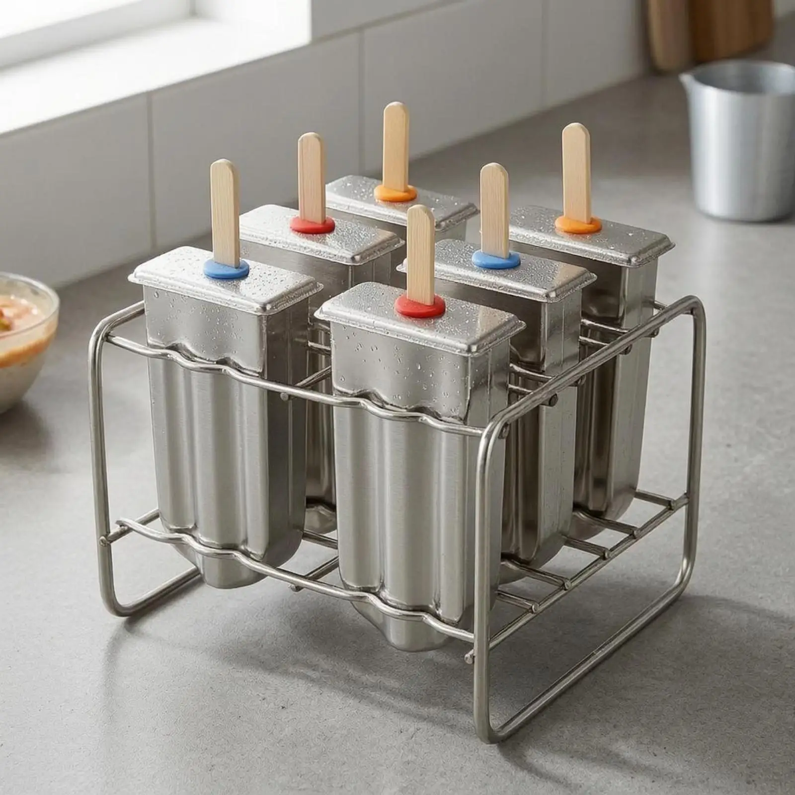 Stainless Steel Ice Lolly Form with Rack 6 Cup Ice Lolly Form Wooden Sticks Chilled Dessert Tool for Freezer, Home Kitchen